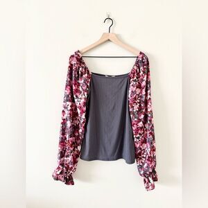 NWT Haptics The Keegan Long Sleeve Top in Mixed Media Gray Pink Floral Size L
